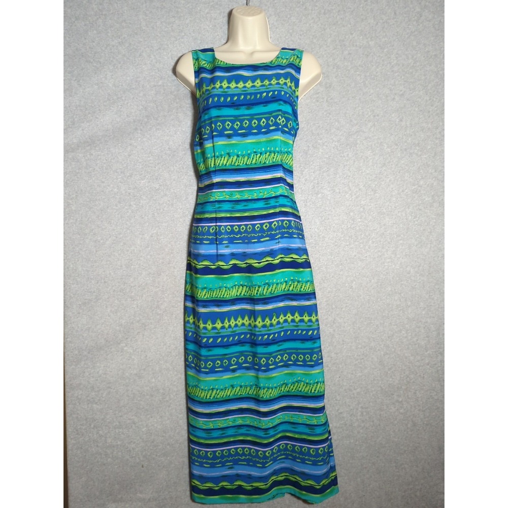 Kathie‎ Lee Collection 8 Sleeveless Shift Maxi Dress Blue Geometric Vtg Y2K 90's